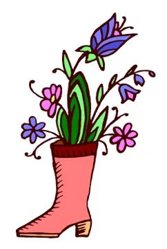 Flowers in a boot, drawn in a doodle style Stock Illustration