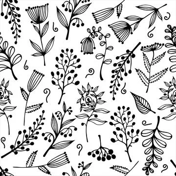 Flowers, branches, herbs seamless vector pattern. Hand-drawn doodles Stock Illustration