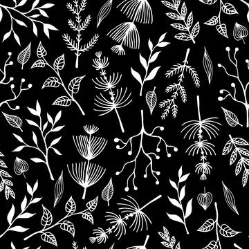 Flowers, branches, wild herbs vector seamless pattern. White botanical elemen Illustrazione stock