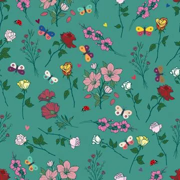 Flowers, butterflies, hearts, seamless pattern Stock Illustration
