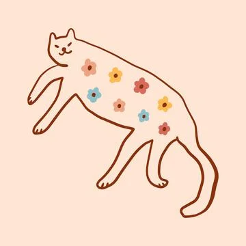 Flowers cat groovy cute comic character boho doodle modern art Stock Illustration