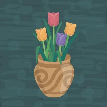 Flowers in ceramic vase vector illustration on green background Stock Illustration