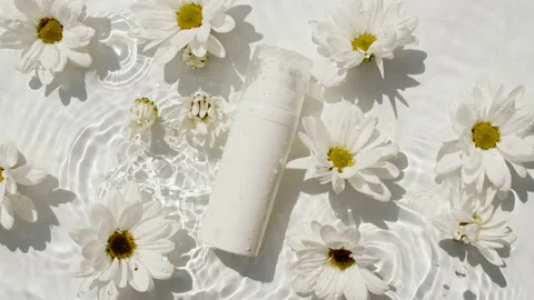 Flowers Chamomiles on water surface with drops. Cosmetic bottle, vial for oil 動画素材 216007386
