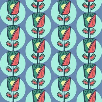 Flowers In Circles Pattern In Green, Red And Blue Illustrazione stock