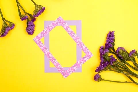Flowers composition &amp; frame made of various flowers on paper background Foto stock