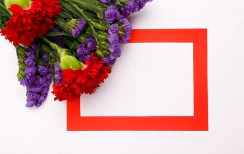 Flowers composition &amp; frame made of various flowers on paper background Stock Photos