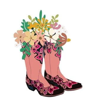 Flowers in Cowboy boots vector isolated on white. Stock Illustration