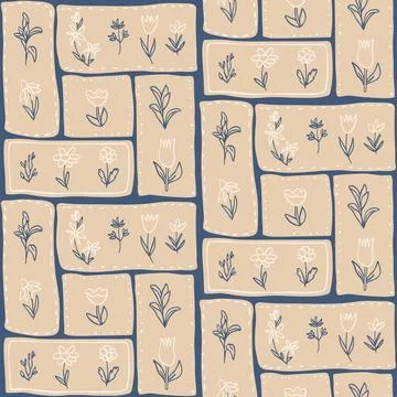 Flowers crayon drawn seamless pattern. Floral allover background. Line art Illustrazione stock