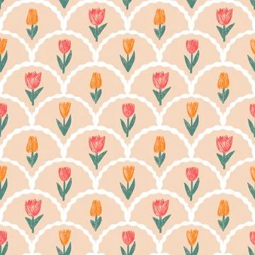 Flowers crayon drawn seamless pattern. Floral allover background. Stylized Stock Illustration