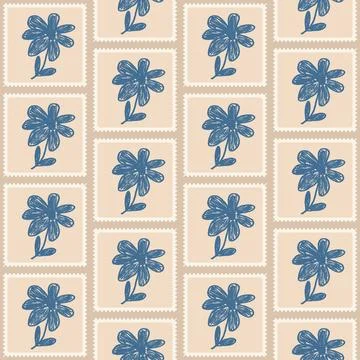 Flowers crayon drawn seamless pattern. Floral on square postage stamps allover Stock Illustration