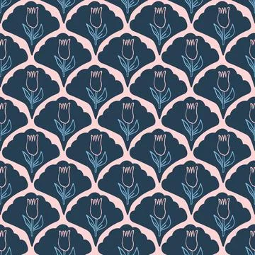 Flowers crayon drawn seamless pattern. Floral tulip allover background. Stylized Illustrazione stock