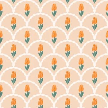 Flowers crayon drawn seamless pattern. Floral allover background. Stylized Illustrazione stock