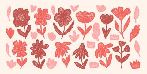Flowers crayon drawn set. Naive floral doodles. Chamomile, poppy, grass, leaves Stock Illustration