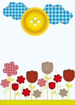 Flowers cut from different patterns, clouds and sun, vector illustration Illustrazione stock