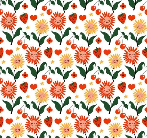 Flowers cute pattern, smile flower face cartoon seamless background, vector Stock Illustration
