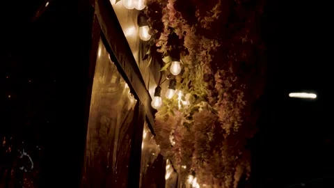 Flowers dangle next to garden lights outside a New York City restaurant at n Stock Footage 241495021