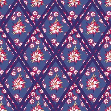 Flowers in diamond grid seamless vector pattern Stock Illustration