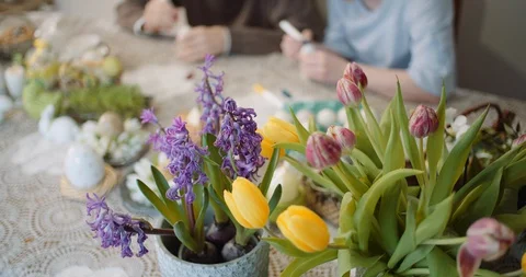 Flowers On Dining Table During Easter Stock Footage 129514969