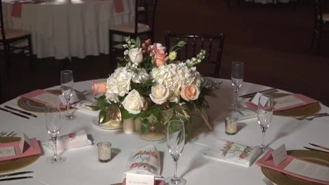 Flowers on a Dinner Table at a Wedding Reception Stock Footage 148499526