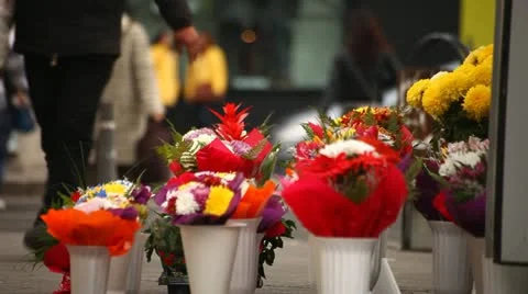 Flowers Displayed on Streets of Bucharest - Florist's Shop Stock Footage 12561390