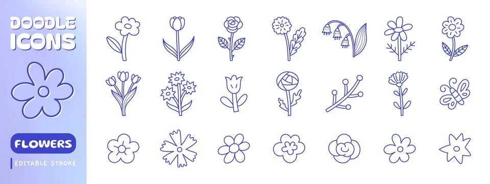 Flowers doodle line icon set. Hand drawn rose flower, tulip, daisy, spring Stock Illustration