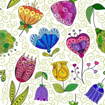 Flowers doodle seamless pattern. Vector illustration Stock Illustration