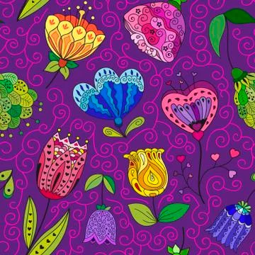 Flowers doodle seamless pattern. Vector illustration Stock Illustration