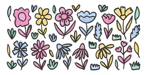 Flowers doodles set marker drawn. Naive florals isolated on white background. Stock Illustration