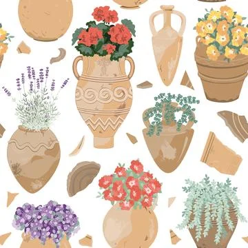Flowers in the earthenware pottery seamless pattern. Potted garden background Stock Illustration