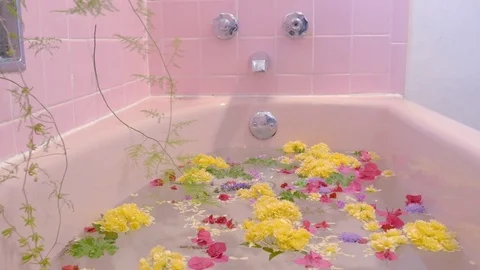 Flowers Float on the Surface of a Pink Bathtub in a Luxury Spa Stock Footage 74003965