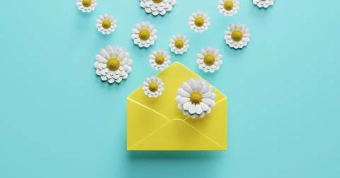 Flowers fly out of an open envelope. 3d rendering Stock Illustration