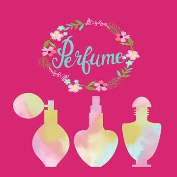 Flowers frame with text perfume and Watercolor perfume bottles Stock Illustration