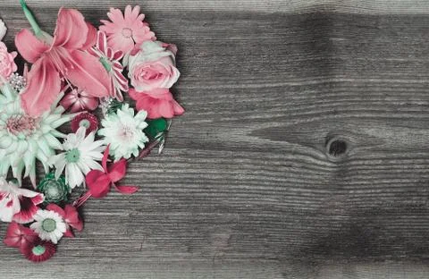 Flowers Frame Wood background Floral Heart Stock Photos