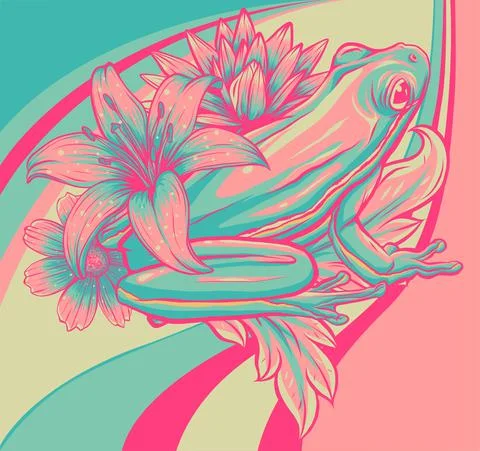 Flowers with frog vector illustration art design Illustrazione stock