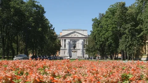 Flowers in front of the Mikhailovsky Castle Stock Footage 81727222