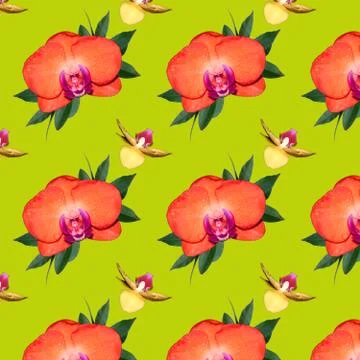 Flowers on a green background. Seamless pattern with orange Orchid flowers an Stock Illustration
