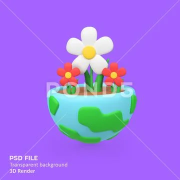 Flowers grow on the earth isolated 3d render icon illustration Modello PSD