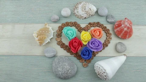 Flowers heart and seashells Stock Footage 87863804