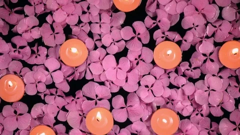 Flowers of Hydrangea with burning candles on the water surface. 4K Stock Footage 76763963