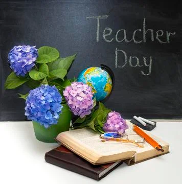 Flowers hydrangeas and school subjects. Stock Photos