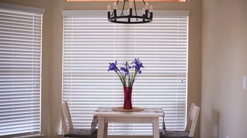 Flowers - irises in vase on the table middle shot Stock Footage 94040399