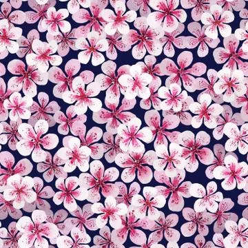 Flowers Japanese cherry pattern on dark blue. Watercolor seamless. Ideal for Stock Illustration