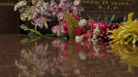 Flowers left for a loved one reflected on a tombstone slow motion 4K Video stock 268674761