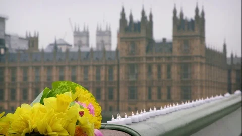 FLOWERS LEFT IN MEMORY OF WESTMINSTER BRIDGE Stock Footage 80537015