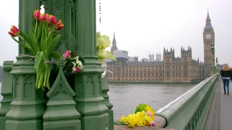 FLOWERS LEFT IN MEMORY OF WESTMINSTER BRIDGE Stock Footage 80537203