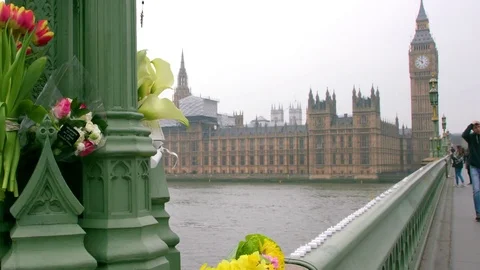 FLOWERS LEFT IN MEMORY OF WESTMINSTER BRIDGE Stock Footage 80537241