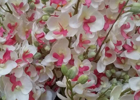 Flowers made of artificial materials, interior items in a set on the table Stock Photos