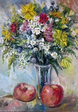 Flowers n a vase and Fruits. oil Paintings Stock Illustration