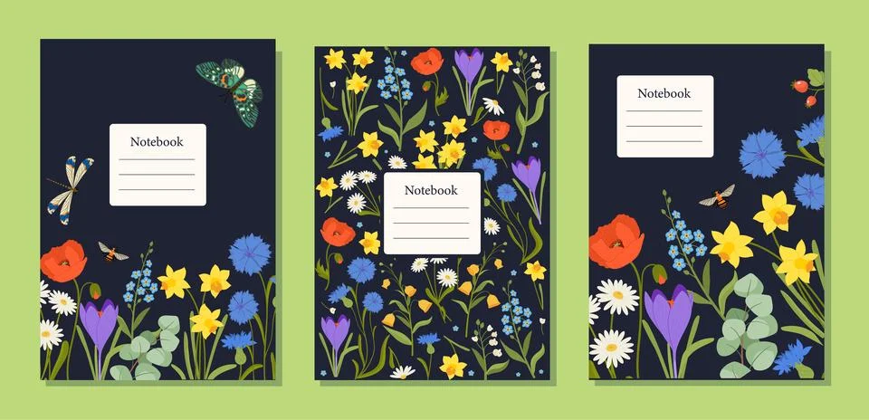Flowers notebook covers vector set 스톡 일러스트