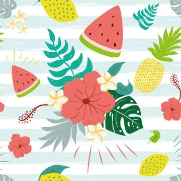 Flowers paradise pattern Vector seamless jungle flowers plants fruits striped Stock-Illustration